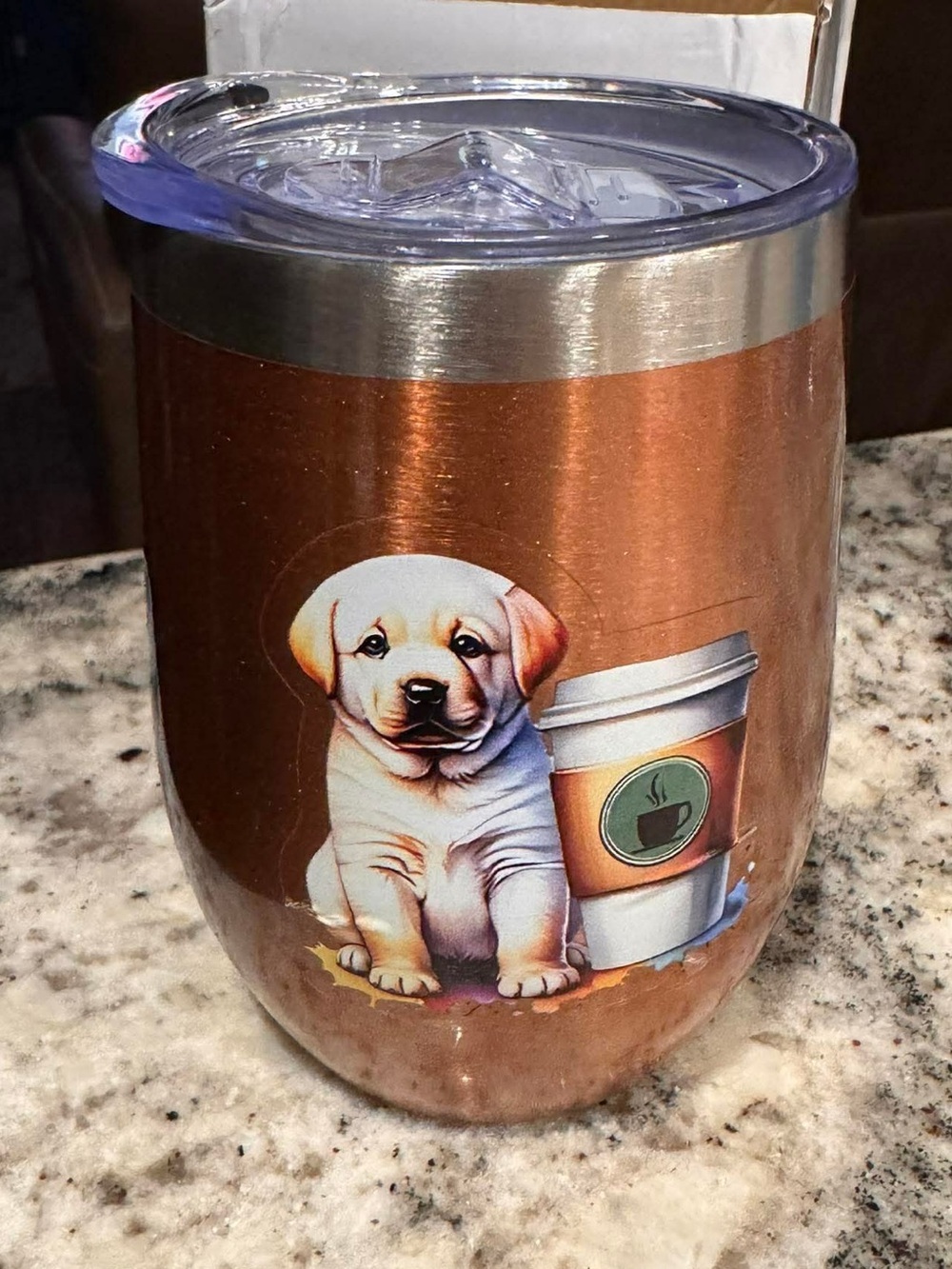 Copper Puppy Travel Tumbler with Coffee Graphic NEW IN BOX